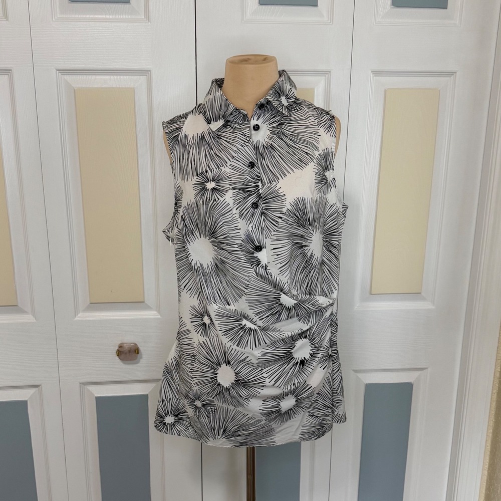 Cabi Womens Sleeveless Sunburst Print Draped Button Front Blouse White Black M